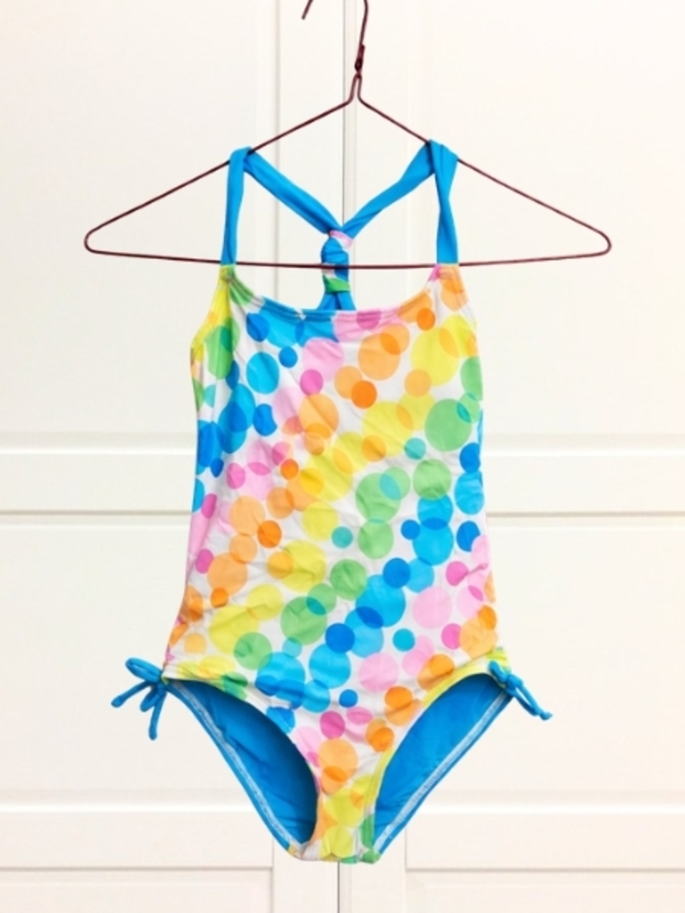 Justice Bright Multicolor Polka Dot One-Piece Swimsuit with Blue Accents Size 6